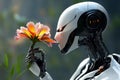 Robot admires flower in a serene garden setting with soft lighting during a tranquil afternoon