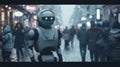 Robot amidst humans, street scene, overcast, medium shot, muted colors, realist style