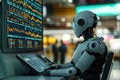 Robot analyst studies stock market data while human traders display concern. Generative AI Royalty Free Stock Photo
