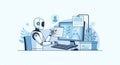 Robot analyst working on computer with graphs and data charts for business insights Royalty Free Stock Photo