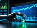 the robot analyzes graphs. artificial intelligence, hand pointing to graph, chart Royalty Free Stock Photo