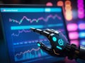 the robot analyzes graphs. artificial intelligence, hand pointing to graph, chart Royalty Free Stock Photo