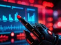 the robot analyzes graphs. artificial intelligence, hand pointing to graph, chart Royalty Free Stock Photo