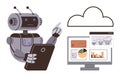 Robot analyzing cloud-based data on a tablet while interacting with a monitor displaying analytics Royalty Free Stock Photo