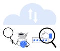 Robot analyzing cloud data with magnifying glass and evaluating user ratings through automated systems Royalty Free Stock Photo