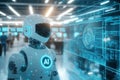 Robot analyzing complex data related to artificial intelligence on futuristic screen Royalty Free Stock Photo