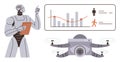 Robot Analyzing Data Charts with quadcopter Assistance in High-Tech Workplace Royalty Free Stock Photo