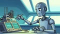 Robot analyzing data on computer screen. Royalty Free Stock Photo