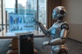 Robot Analyzing Data on Computer Screen Royalty Free Stock Photo