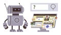 Robot analyzing data on computer screen with search symbols representing artificial intelligence tasks Royalty Free Stock Photo