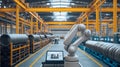 Robot analyzing data in futuristic metal products warehouse setting, concept of industrial future