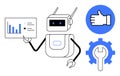 Robot Analyzing Data with Graph, Thumbs-Up Icon, and Wrench Inside Gear Royalty Free Stock Photo