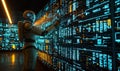 Humanoid Robot Interacting with Futuristic Digital Data Wall Royalty Free Stock Photo