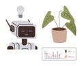 Robot analyzing data, light bulb symbolizing ideas, and plant representing sustainability and growth Royalty Free Stock Photo