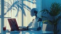 Robot Analyzing Data on Multiple Computer Screens Royalty Free Stock Photo