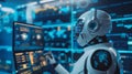 Robot Analyzing Data on Multiple Computer Screens Royalty Free Stock Photo