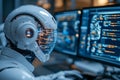Robot Analyzing Data on Multiple Computer Screens