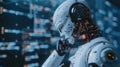 Robot analyzing data on multiple screens