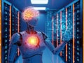 Robot analyzing data in server room Royalty Free Stock Photo