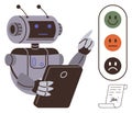 Robot analyzing feedback options on a tablet with emotion icons and a signed document nearby Royalty Free Stock Photo