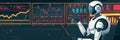 Robot analyzing financial graphs on multiple screens in a high-tech environment. Futuristic AI in finance and data