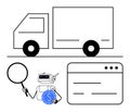 Robot Analyzing Logistics Data with Magnifying Glass, Truck, and Web Interface Royalty Free Stock Photo
