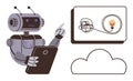 Robot analyzing tablet and solving problem with tangled wires leading to light bulb idea in cloud concept Royalty Free Stock Photo