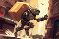 robot android courier running through busy city, with packages in hand