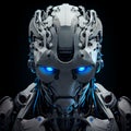 Robot android man with blue eyes and blue lights