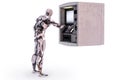 Robot android using an automatic teller machine for cash withdrawal. 3D illustration