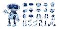 Robot animation set. Cartoon android character with artificial intelligence, various heads legs arms and body. Vector