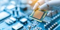 Robot arm holding microchip over circuit board, showcasing technology Royalty Free Stock Photo