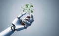 A robot arm holds a seedling in its hand Conservation thinking with artificial intelligence Protecting the environment with modern