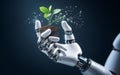 A robot arm holds a seedling in its hand Conservation thinking with artificial intelligence Protecting the environment with modern