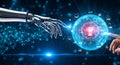 Robot arm and human hand connecting on a digital network sphere Royalty Free Stock Photo