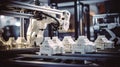 Robot arm inside a bright electronics factory, utilizing printing technology