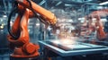 Robot arm inside a bright electronics factory, utilizing printing technology