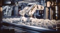 Robot arm inside a bright electronics factory, utilizing printing technology