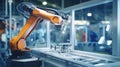 Robot arm inside a bright electronics factory, utilizing printing technology