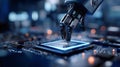 Robot arm installing processor on circuit board ai technology Royalty Free Stock Photo
