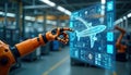 Robot arm interacts with virtual interface displaying airplane design. Intelligent factory automation system shows data exchange, Royalty Free Stock Photo