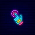 Robot arm push button neon icon. Exoskeleton and high tech technology. Cyberpunk concept. Isolated vector illustration Royalty Free Stock Photo