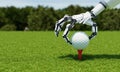 Robot arm putting golf ball on tee as caddy or player with fairway green background. Sport athletic and technology concept. 3D