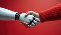 Robot arm shakes human hand against red backdrop. Symbolizes future tech, AI collaboration, unity, and integration. Shows Royalty Free Stock Photo