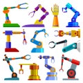 Robot arm vector robotic machine hand technology equipment illustration set of robotechnic engineer character in