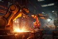 Robot arm welds structures in a modern production facility with Ai Generated