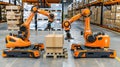 A robot arm working alongside an electric cargo bot as it delivers boxes in the style of modern warehouse creating more Royalty Free Stock Photo