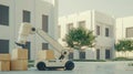 A robot arm working alongside an electric cargo bot as it delivers boxes in the style of modern warehouse creating more Royalty Free Stock Photo