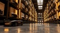 A robot arm working alongside an electric cargo bot as it delivers boxes in the style of modern warehouse creating more Royalty Free Stock Photo