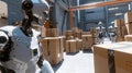 A robot arm working alongside an electric cargo bot as it delivers boxes in the style of modern warehouse creating more Royalty Free Stock Photo